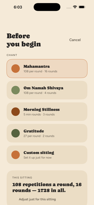 The setup screen with chant choices and round settings