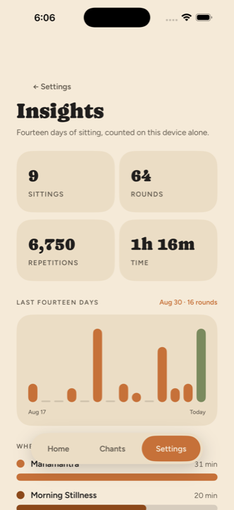 The insights screen with stat tiles and a fourteen-day bar chart